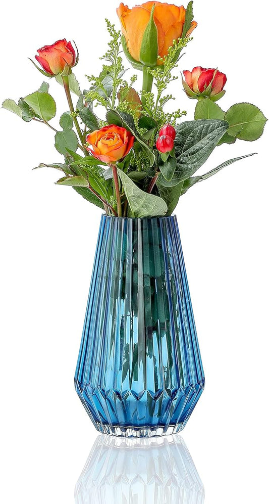 G Fusuma Blue-Rhombus Glass Flower Vase for Table Centerpiece, High-Grade Decorative Flower Vase for Bouquets,Mantel and Shelf Display, Dining Table Centerpiece, Living Room Office Decoration, 6" Tall