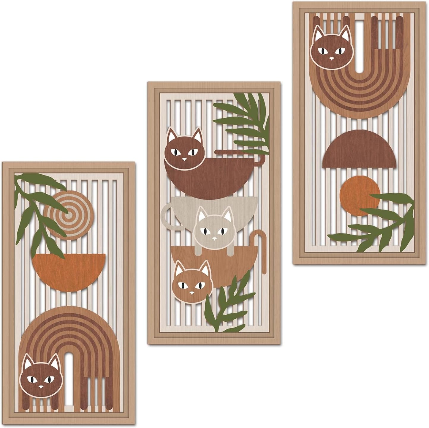 IARTTOP 3 Pcs Boho Cat Wood Wall Decor Mid Century Abstract Artwork Modern Minimalist Wooden Wall Art Bohemian Geometric Hanging Decor for Farmhouse Living Room Bedroom 7.9 x15.8 Inch Cat Gifts