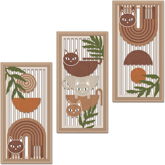 IARTTOP 3 Pcs Boho Cat Wood Wall Decor Mid Century Abstract Artwork Modern Minimalist Wooden Wall Art Bohemian Geometric Hanging Decor for Farmhouse Living Room Bedroom 7.9 x15.8 Inch Cat Gifts