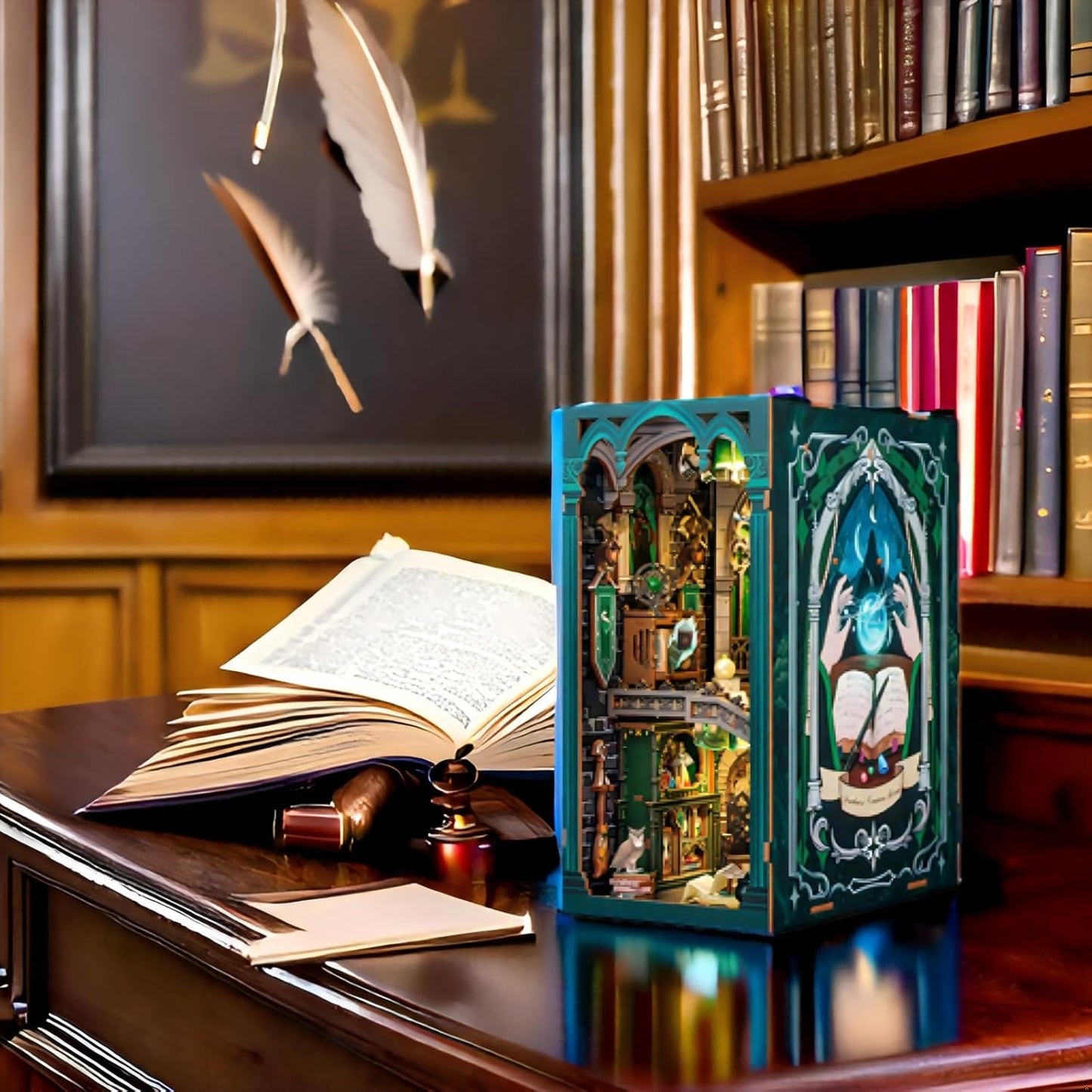 Fsolis Book Nook Kits for Adults, DIY Miniature House Kit 3D Wooden Puzzle Booknook Magic Halloween Bookshelf Nook Decorative Bookends for Women Teenagers and Book Lovers(Darkness Common Room)