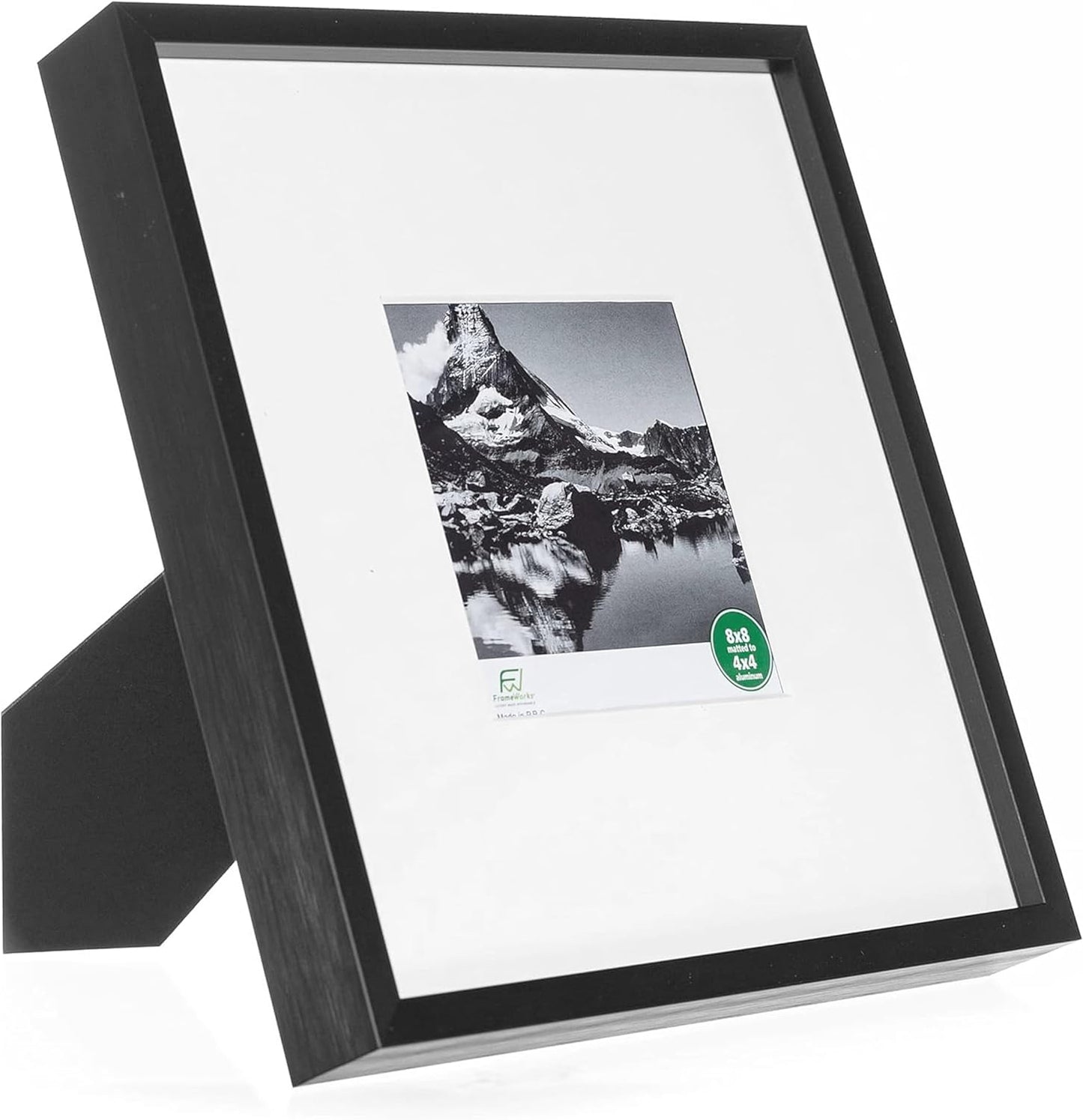 FrameWorks 8x8 Matted to 4x4 Picture Frame – Aluminum Frame w/Tempered Glass, Removable Mat for Photos, Posters, Art, Stylish Wall Frame for Home Decor, Gallery Walls, Office, Living Room - Black