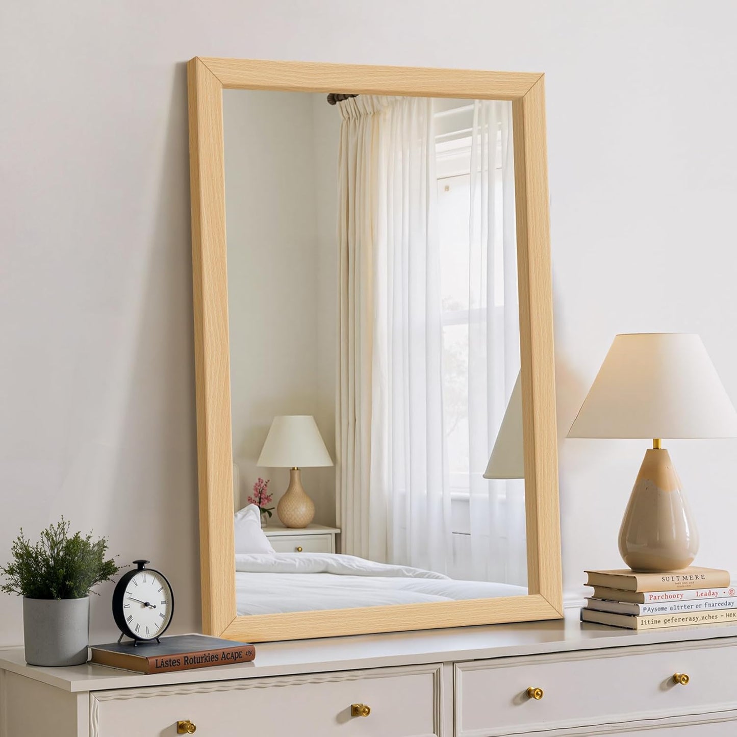 Delma Wall Mirror with Wooden Frame, 30x20 Farmhouse Wall Mounted Floor Mirror with Stand, Vertical Hanging, Leaning Standing for Bathroom,Bedroom, Living Room