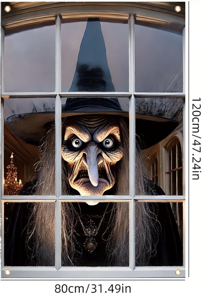 Window Cover Halloween 47x31 Inch Scary Witch Face Banner Creepy Window Decoration for Haunted House Outdoor Indoor Horror Poster Trick or Treat Prop Decor
