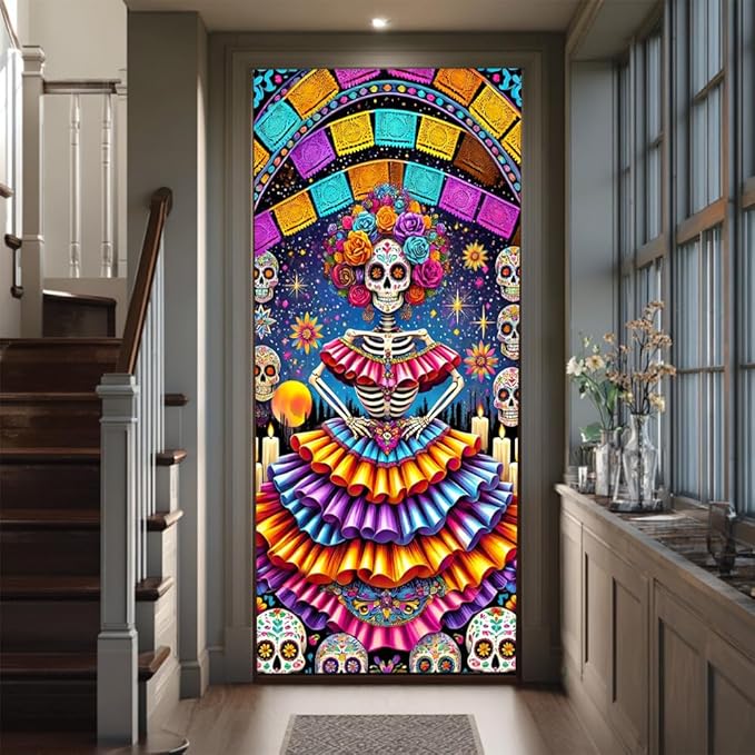 2D flat Colorful Sugar Skull Day of the Dead Door Decorations Día de los Muertos Door Cover Banner Indoor Outdoor Front Door 71x35 Inch