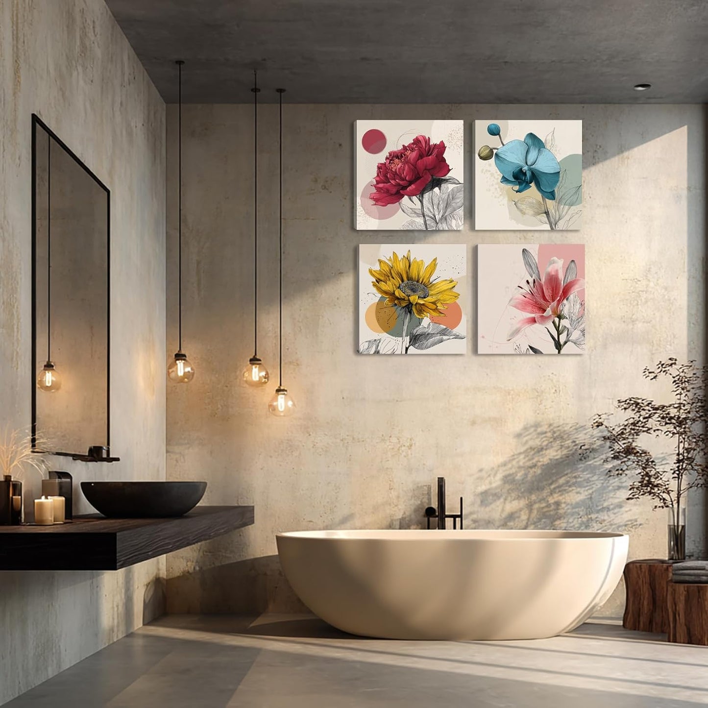 Framed Botanical Wall Art for Living Room Rustic Boho Floral Canvas Paintings Prints Flower Pictures for Farmhouse Hallway Bedroom Dining Room Bathroom Office Wall Decor ArtWork for Wall