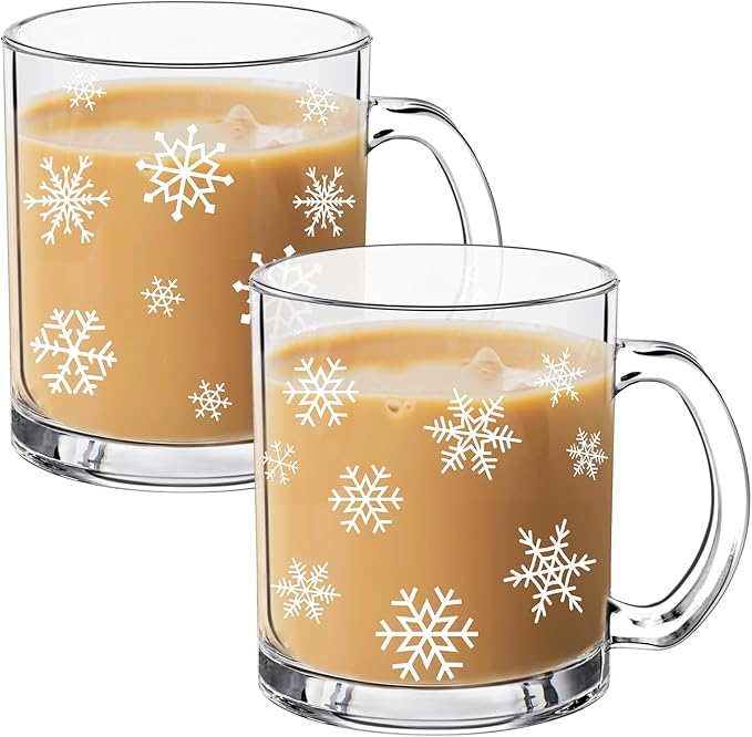 Tioncy 2pcs Christmas Snowflake Glass Coffee Mugs with Handle 12oz Christmas Snowflake Glass Cup Winter Holiday Mugs for Xmas Home Office Gifts