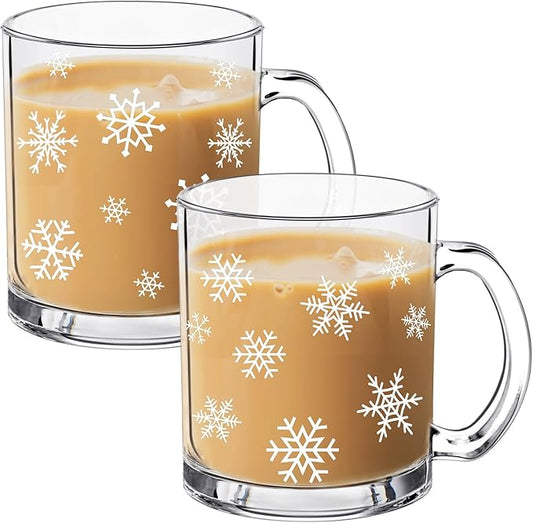 Tioncy 2pcs Christmas Snowflake Glass Coffee Mugs with Handle 12oz Christmas Snowflake Glass Cup Winter Holiday Mugs for Xmas Home Office Gifts