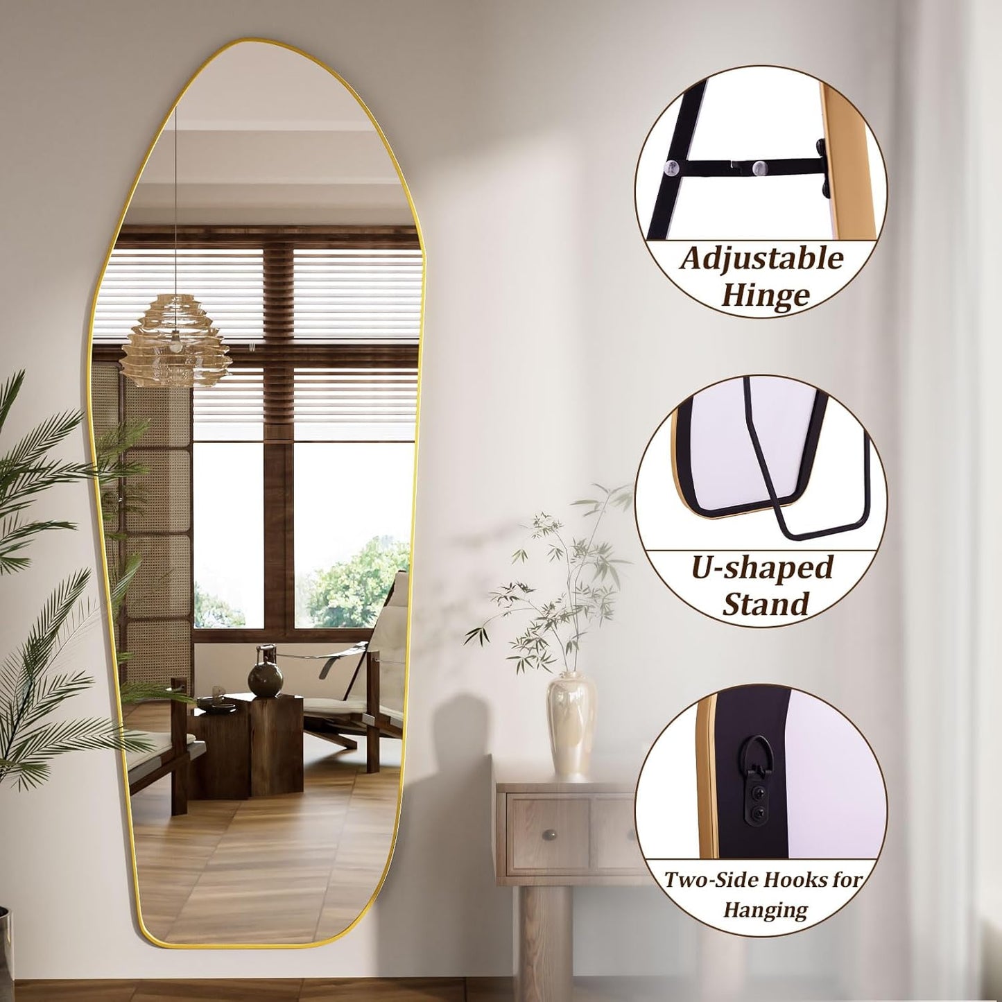 Full Length Floor Mirror - 76"x34" Aluminum Frame Irregular Diamond Shaped Standing Leaning Hanging for Bedroom Living Room Cloakroom Decor Large Mirror Gold