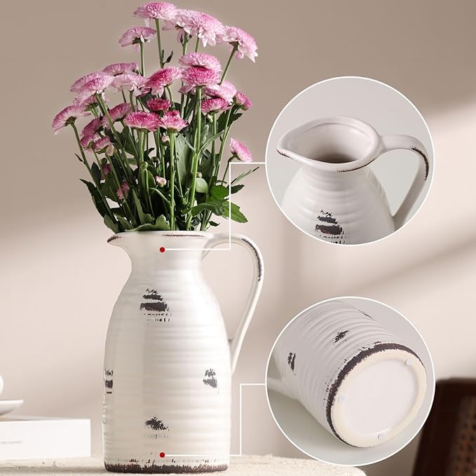hjn Farmhouse Pitcher Vase for Flowers- Ceramic Pitcher Vase Decrative Pitchers for Your Kitchen/Home Decor/Office/Living Room/Bookshelf/Mantel/-White and Antique