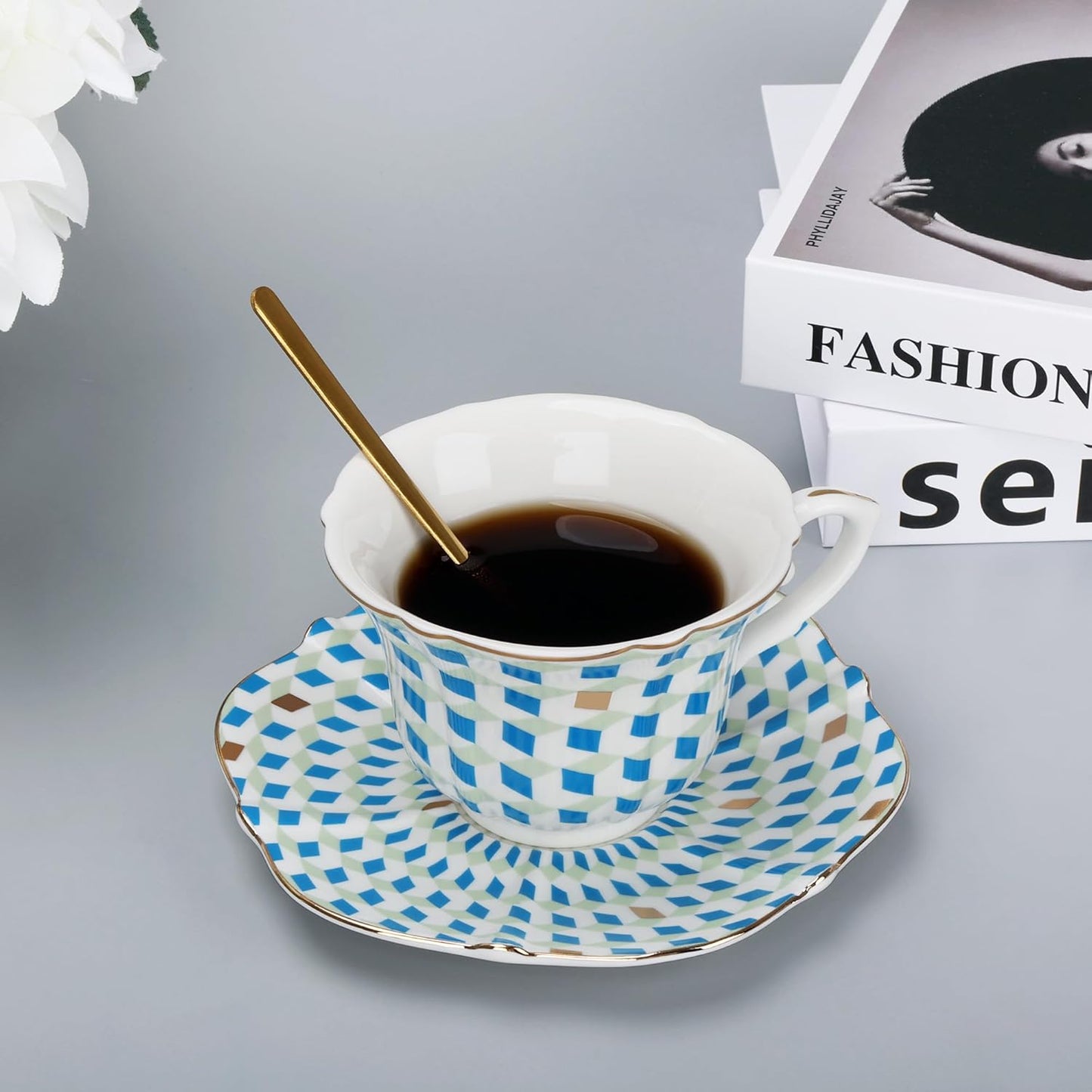 fanquare 6 oz Modern Tea Cup and Saucer Set with Spoon, Blue and White Geometric Pattern Porcelain Coffee Cup, Classic Teacup for Women Tea Party