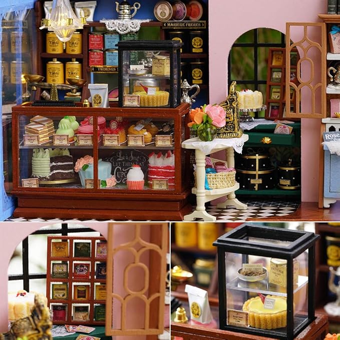 TuKIIE DIY Miniature Dollhouse Furniture Kit, 1:24 Scale Creative Room Wooden Doll House Accessories Plus Dust Proof & Music Movement for Kids Teens Adults(Rose Garden Tea House)
