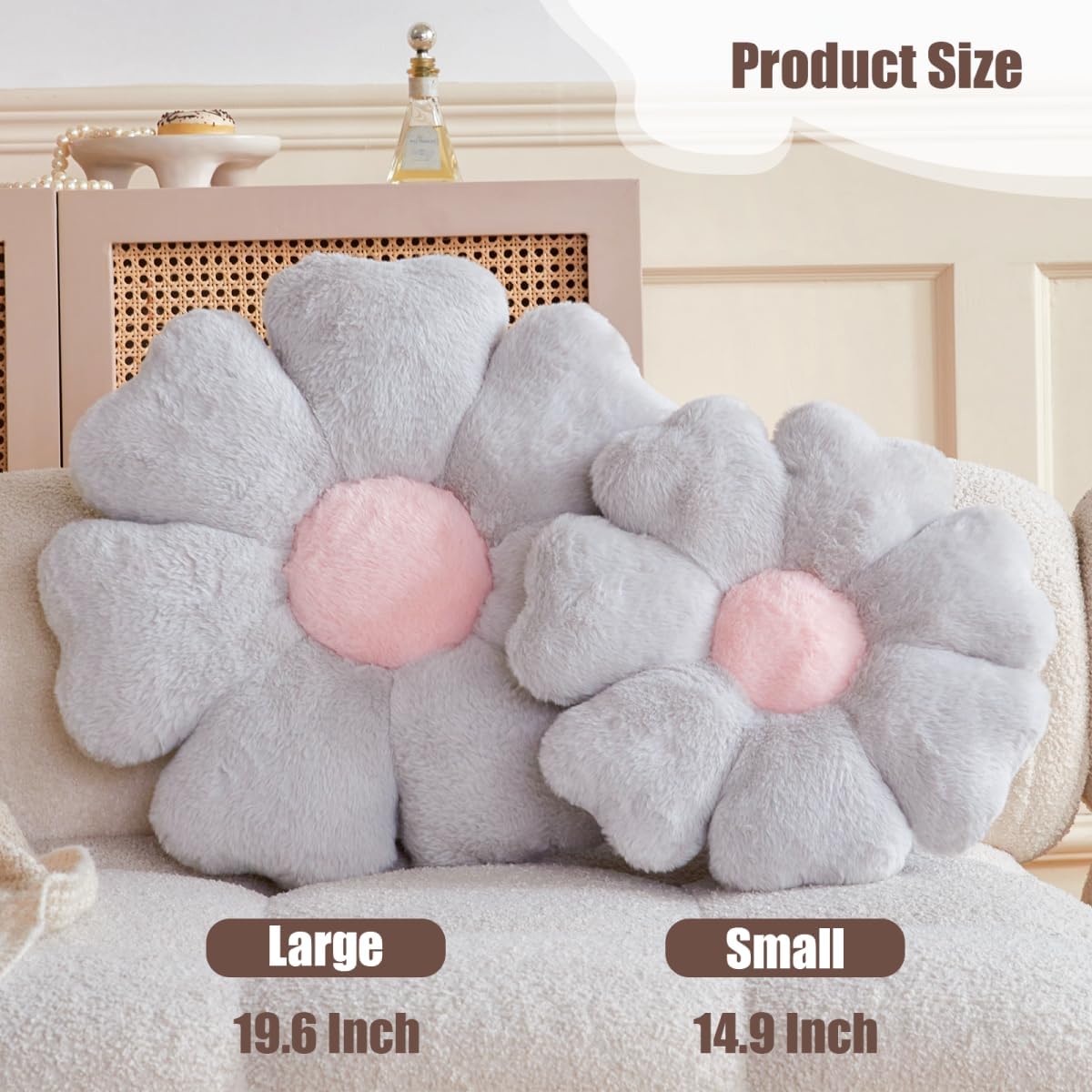 Flower Pillow, Light Grey Daisy Flower Decorative Pillows for Bed, Cute 19.6" Flower Shaped Pillow with Soft Faux Rabbit Fur Dorm Home Decor Floor Seating Cushion