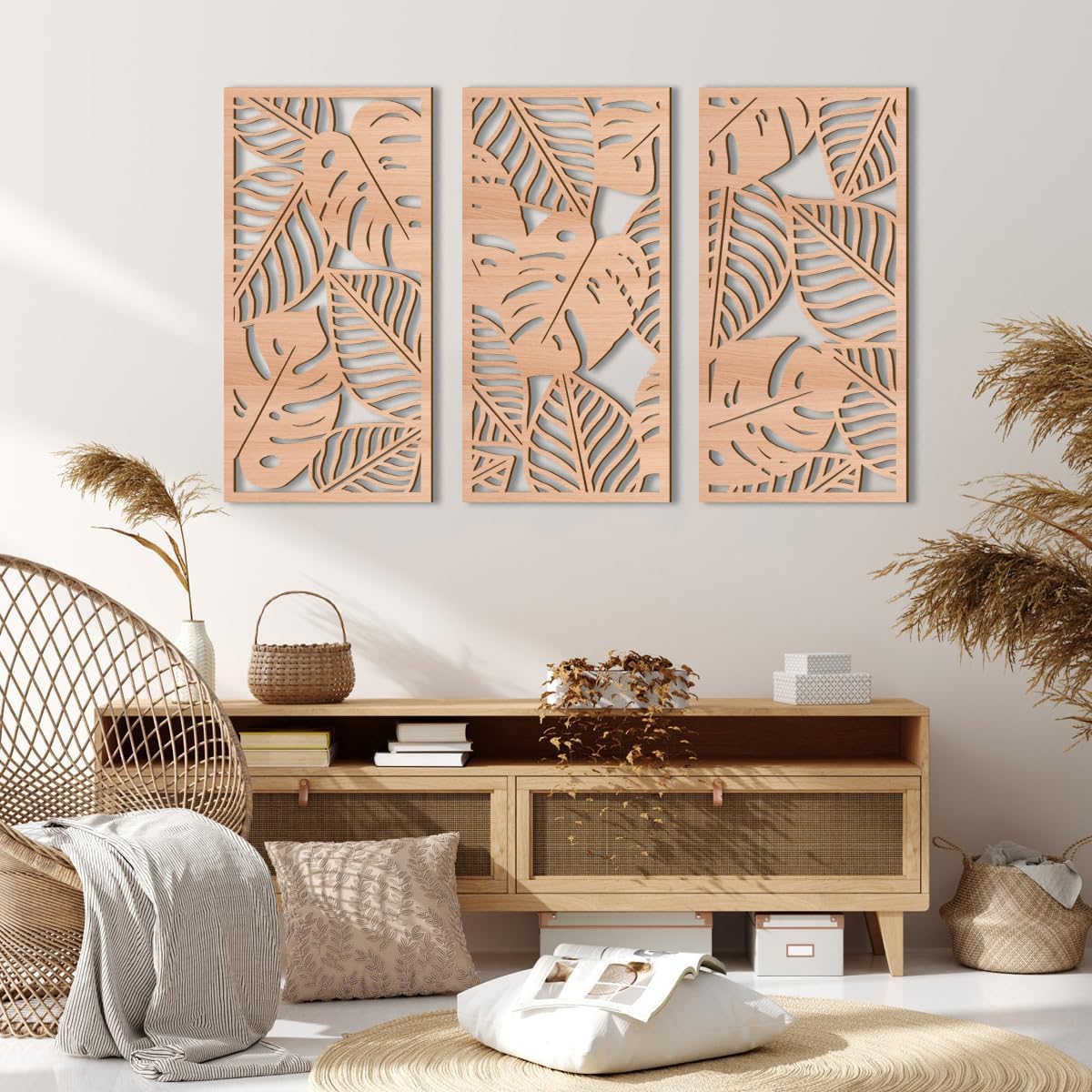IARTTOP Large Wood Tropical Wall Art 15.9X32 Inch Carved Palm Leaves Wall Decor Coastal Leaf Monstera Plant Wall Sculptures for Living room Bedroom Set of 3