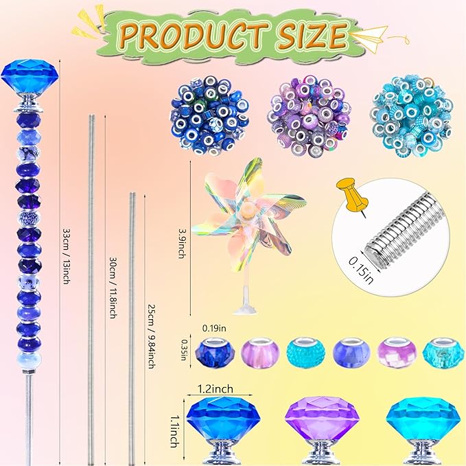 148 PCS Beaded Garden Stakes Kit, DIY Fairy Wand Garden Stake Beads Kits with Assortment Large Hole Beads 6 Crystal Stopper Top Threaded Rods and 3 Colored Small Windmills for Outdoor Indoor Decor
