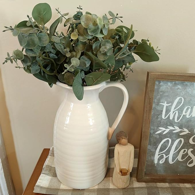 hjn Farmhouse Pitcher Vase for Flowers- Ceramic Pitcher White Flower Vase for Your Kitchen/Home Decor/Office/Living Room/Bookshelf/Mantel/-White