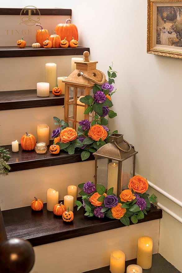 TINGE TIME Rose Artificial Flowers Combo, Gradient Color Faux Foam Roses with Stems for DIY Wedding Bridal Shower Party Table Centerpieces Fake Floral Arrangement Home Decor(Burnt Orange and Purple)