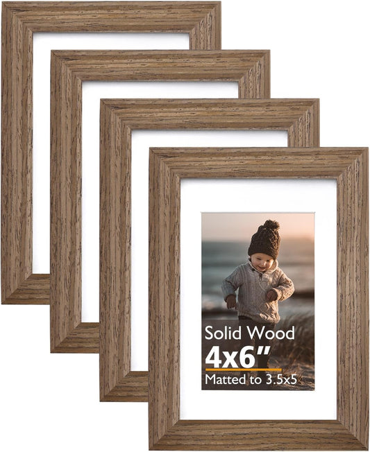 KINLINK 4x6 Frame Rustic Brown, Solid Wood 4 x 6 Picture Frame with Acrylic Plexiglass for 3.5x5 with Mat, Tabletop and Wall Display Photo Frames 4x6 Brown Wood, 4 Pack