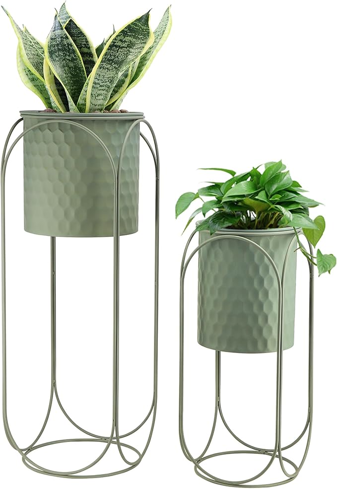 TRIROCKS Set of 2 Planters with Stand Indoor Otdoor Planters for Indoor Plants 26 &18" H Large Plant Pots for Living Room Corner Kitchen Office Garden Balcony Patio Decor(Green)