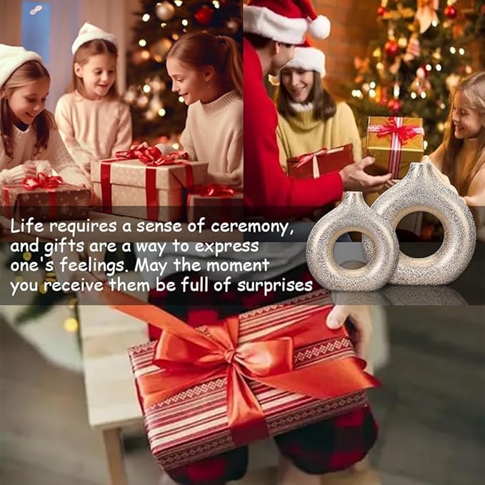 Set of 2 Donut Hollow Ceramic Vase Handmade Minimalist Boho ins Style, Modern Vase for Home Decor for Wedding Dinner Table Party Living Room Office Bedroom (Gold, Large + Small)