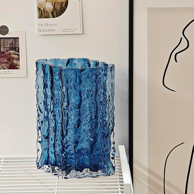 Glass Vase for Centerpieces, Diamond Shaped Vase for Flower, Modern Glacier Glass Vase for Home, Office Restaurant Desk Decor 8.3 Inch(Blue)