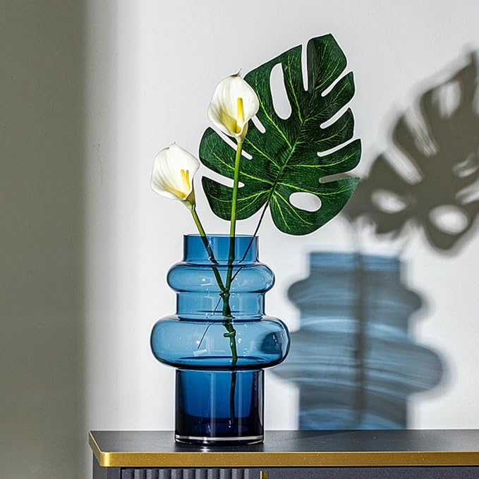 Clear Blue Bubble Glass Flower Vase, Modern Boho Ins Style Vase for Hydroponic Plants Bouquet, for Home Room Office Book Shelf Wedding Table Decor (W 6" X H 9.4")