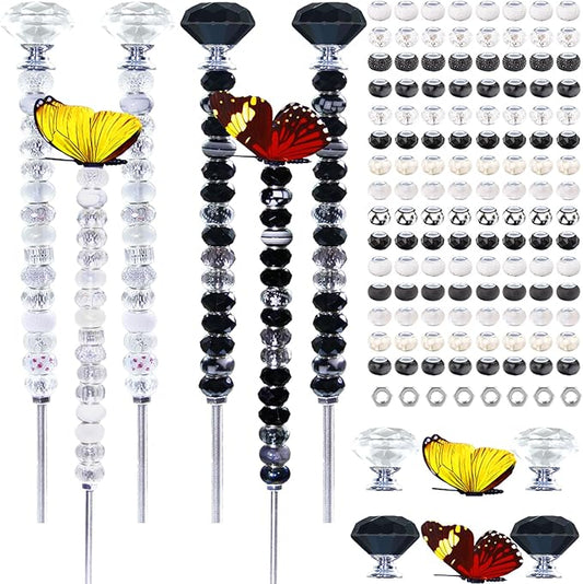145 PCS Beaded Garden Stakes Kit, DIY Fairy Wand Garden Stake Beads Kits with Assortment Large Hole Beads 4 Crystal Stopper Top 2 Butterfly Tops and Threaded Rods for Outdoor Indoor Decor