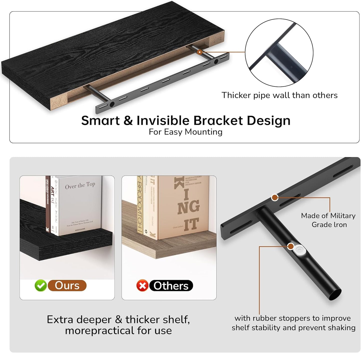 Fun Memories 24 Inch Floating Shelves - Deep Rustic Black Wooden Wall Shelves - Extra Deeper & Thicker Wall Mounted Storage Shelf for Bedroom, Kitchen, Farmhouse - 2 Pack, Rustic Black