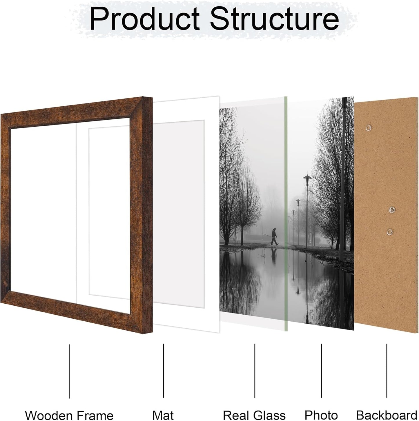 iRahmen 12x12 Picture Frame Set of 4 with Tempered Glass, Rustic Frame Display 10x10 Pictures with Mat or 12 x 12 Without Mat, Wood Square Photo Frames for Desktop Display and Wall Mounting