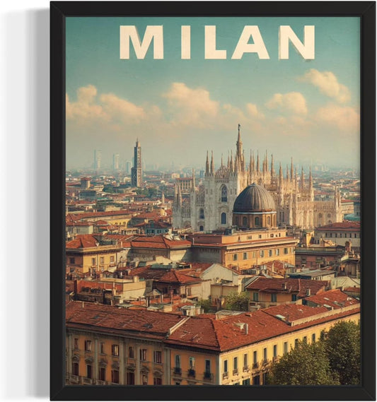 Milan, Italy Art Print Poster, Europe Vintage City Retro Photography Skyline Travel Bedroom Bathroom Living Room Decor 183 (Milan, Italy, 24 x 36 inches, Black Frame)