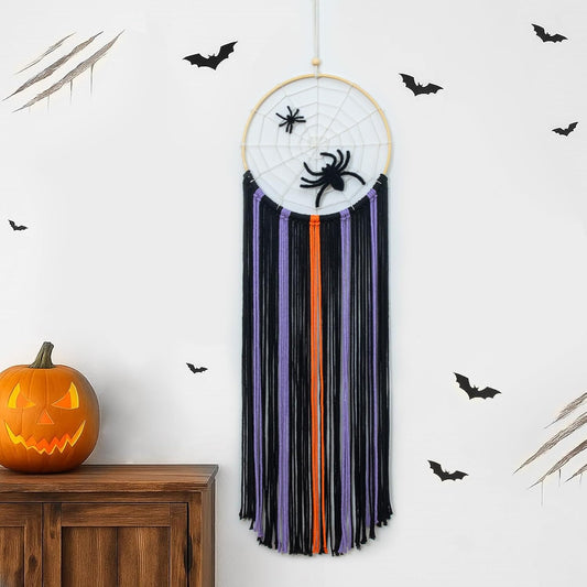 LB Purple Halloween Black Macrame Wall Hanging Spooky Spider Wall Decor Beige Spider Web Purple Black Woven Tassels Tapestry Yarn Macrame Wall Art for Living Room Bedroom Dorm Nursery Home Decoration