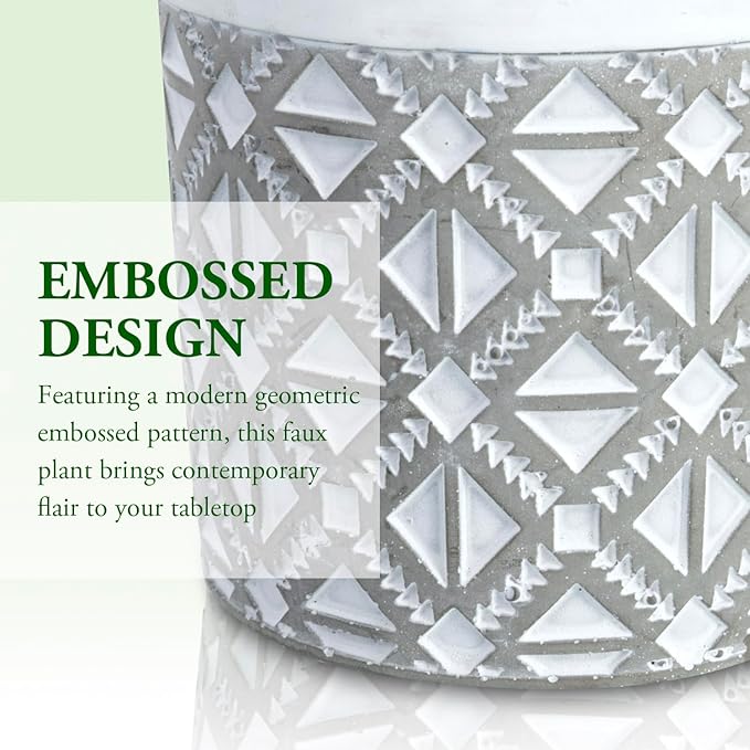 MyGift 9 Inch Artificial Green Grass Plants in Modern Concrete Pot with Geometric Embossed Pattern, Faux Greenery Plant Centerpiece Decorative Round Planter