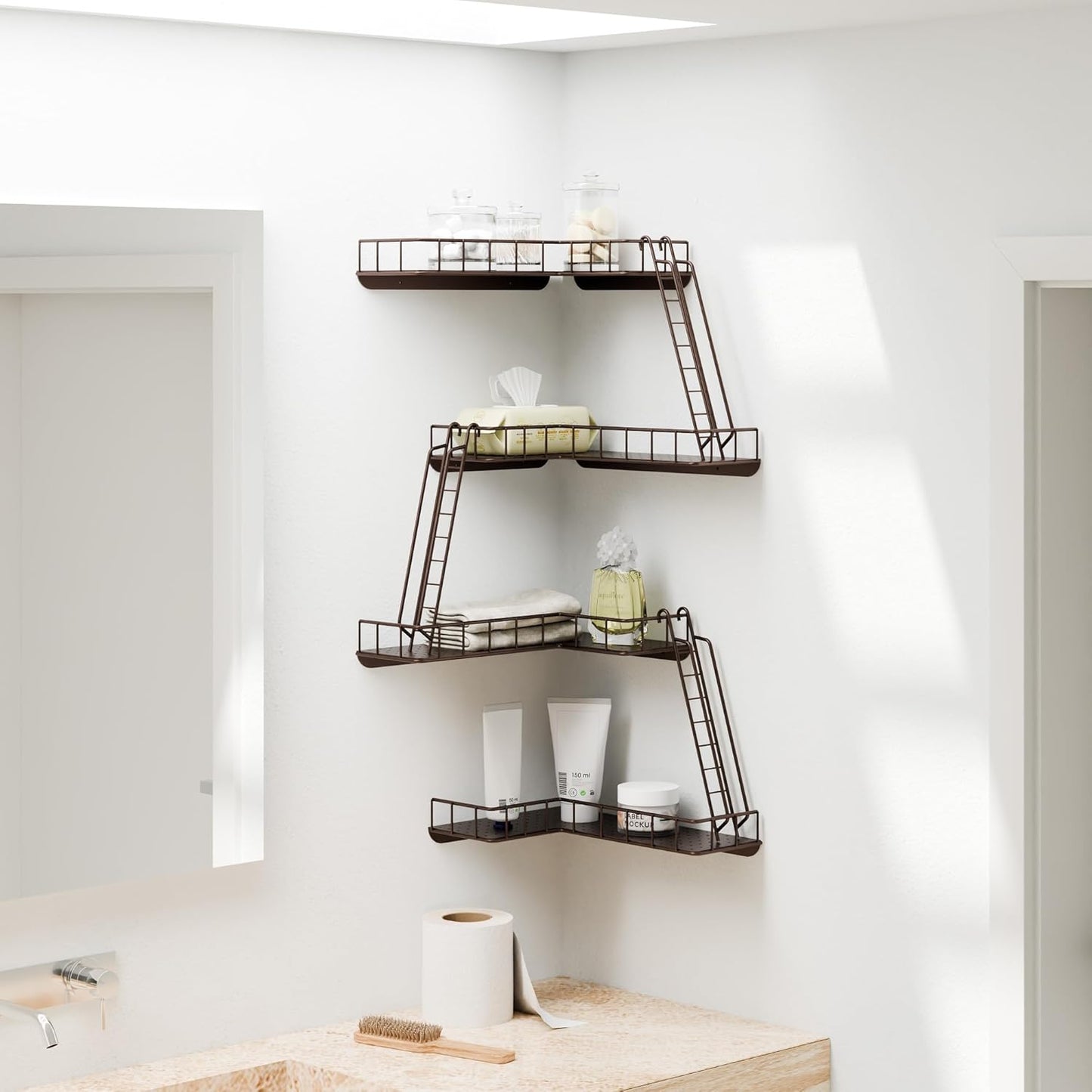 Fire Escape Wall Shelf - Modern City Style 4-Tier Corner Wall Shelves, Easy to Install Metal Ladder Shelf for Figures, New York Decorative Shelves for Bathroom, Living Room&Home Decor,Coffee