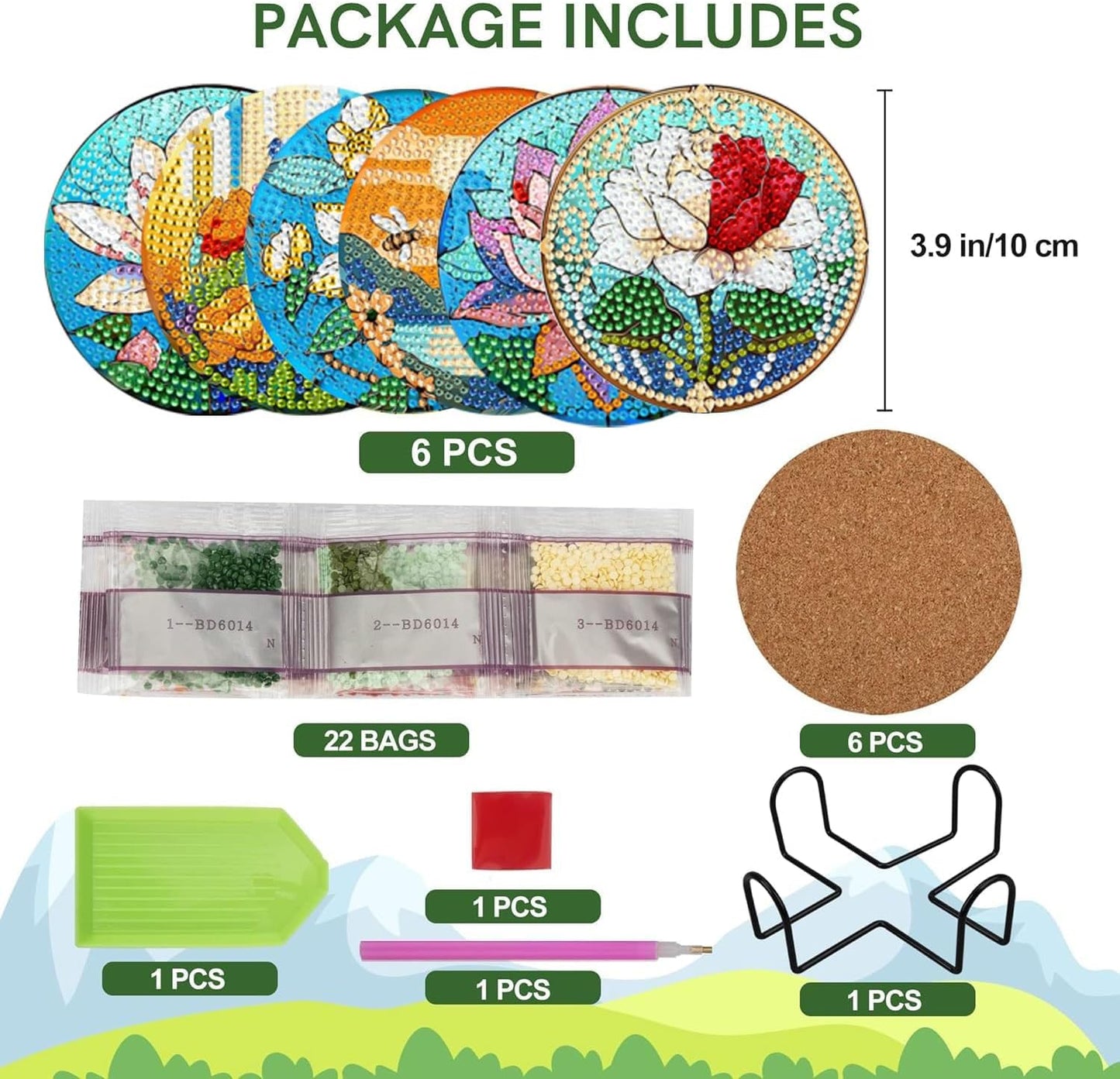 EWJRNSF 6 PCS Small Diamond Art Coasters Kits, Diamond Painting Coasters, Fall Diamond Art Kits for Adults Beginners, Arts and Crafts Item Sets with Holder for Drinks. Flowers