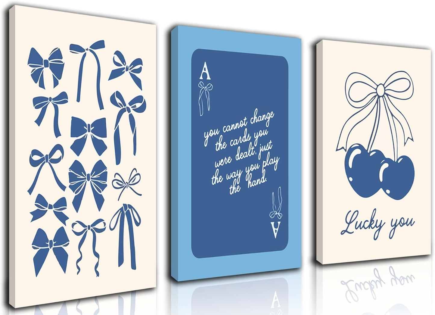 Julaydi Blue Preppy Wall Art Framed Set of 3 Trendy Navy Bow Posters Cherry Lucky You Poker Canvas Prints Minimalist Painting Picture Girly College Apartment Decor for Living Room Bedroom Dorm 16x24in