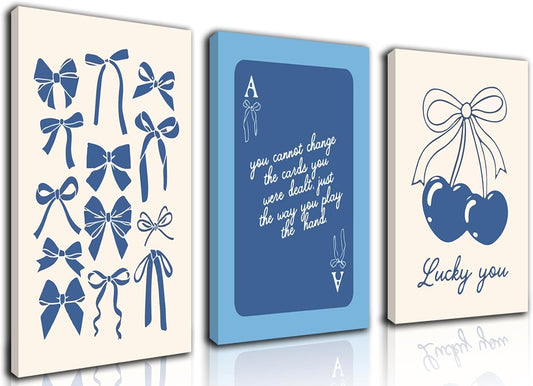 Julaydi Blue Preppy Wall Art Framed Set of 3 Trendy Navy Bow Posters Cherry Lucky You Poker Canvas Prints Minimalist Painting Picture Girly College Apartment Decor for Living Room Bedroom Dorm 16x24in