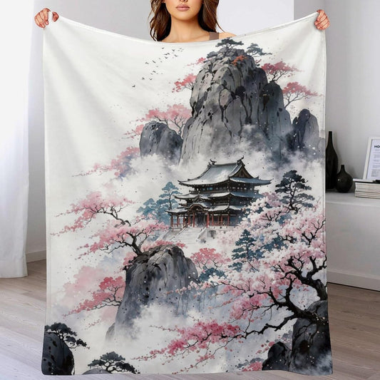Japanese Cherry Blossom Ink Painting Throw Blanket, Fuzzy Blanket, Ultra Soft Cozy Flannel Throw Blankets Lightweight Fleece Blankets for Bed Couch Sofa 60"×80"