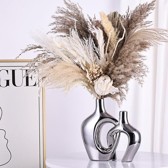 Silver Hollow Ceramic Vases Set of 2 - Modern Nordic Boho ins Style Vases for Decor, Decorative Pampas Grass Flower Vases for Wedding, Living Room, Office, Entrance, Dining Table Decor Centerpieces