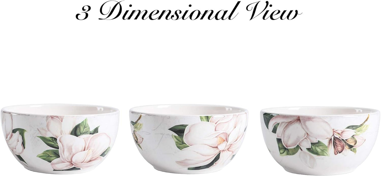 Bico Magnolia Floral Cereal Bowls Set of 4, 26 oz Deep Ceramic Soup Bowls for Cereal, Salad, Noodles, Kitchen, Microwave and Dishwasher Safe, Gift for Housewarming and Thanksgiving