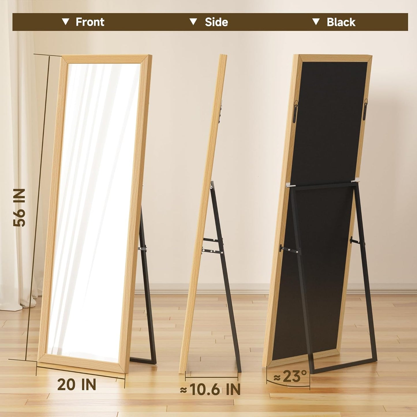 Delma Wall Full Length Mirror, Standing Mirror Full Body, Large Floor for Wall Door Bedroom Bathroom Living Room with Wooden Frame(with Stand,56x20)