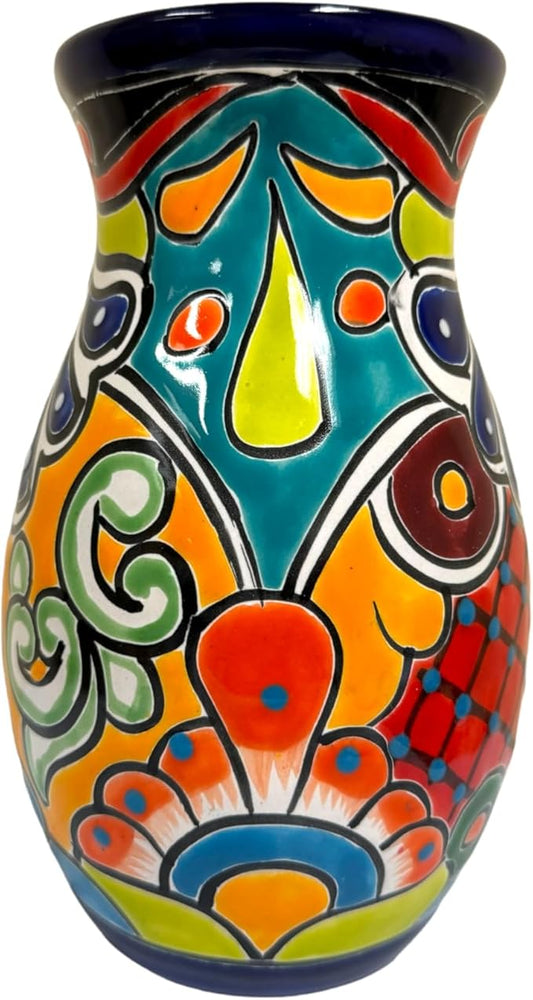 Talavera Flower Vase Folk Art Mexican Pottery Handmade Hand Painted Home Decor Indoor Multicolor Outdoor 10" (Multi 2)