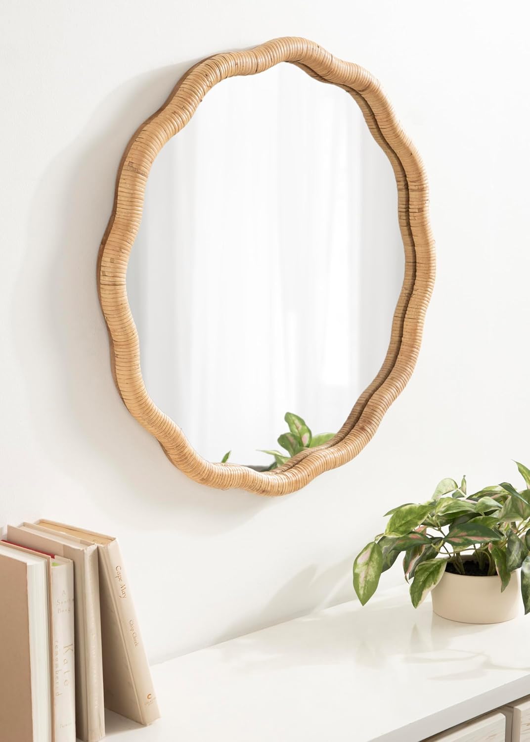 Kate and Laurel Rahfy Boho Scalloped Round Rattan Mirror; 26 Inch Diameter; Natural Wood; Decorative Round Wavy Mirror with Authentic Rattan Frame for Boho Wall Decor