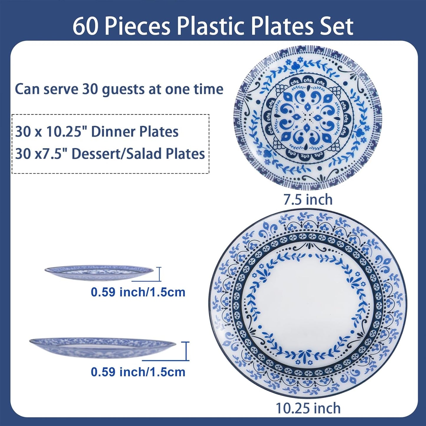 Hioasis 60pcs Blue Plastic Plates Set - Floral Blue & White Porcelain Design, 10.25" Dinner & 7.5" Dessert Plates Disposable for Wedding/Party (Dishwasher Safe, Traditional Style)
