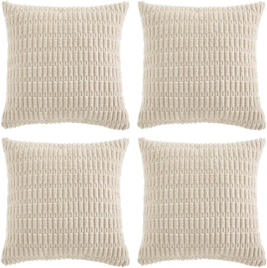 Fancy Homi 4 Packs Boho Cream Decorative Throw Pillow Covers 20x20 Inch for Living Room Couch Bed Sofa, Rustic Modern Farmhouse Home Decor, Soft Plush Corduroy Square Beige Cute Cushion Case 50x50 cm