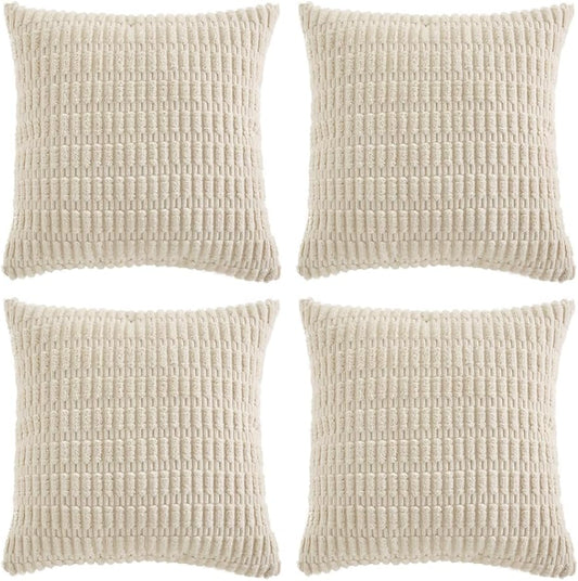Fancy Homi 4 Packs Boho Cream Decorative Throw Pillow Covers 16x16 Inch for Living Room Couch Bed Sofa, Rustic Modern Farmhouse Home Decor, Soft Plush Corduroy Beige Cute Square Cushion Case 40x40 cm