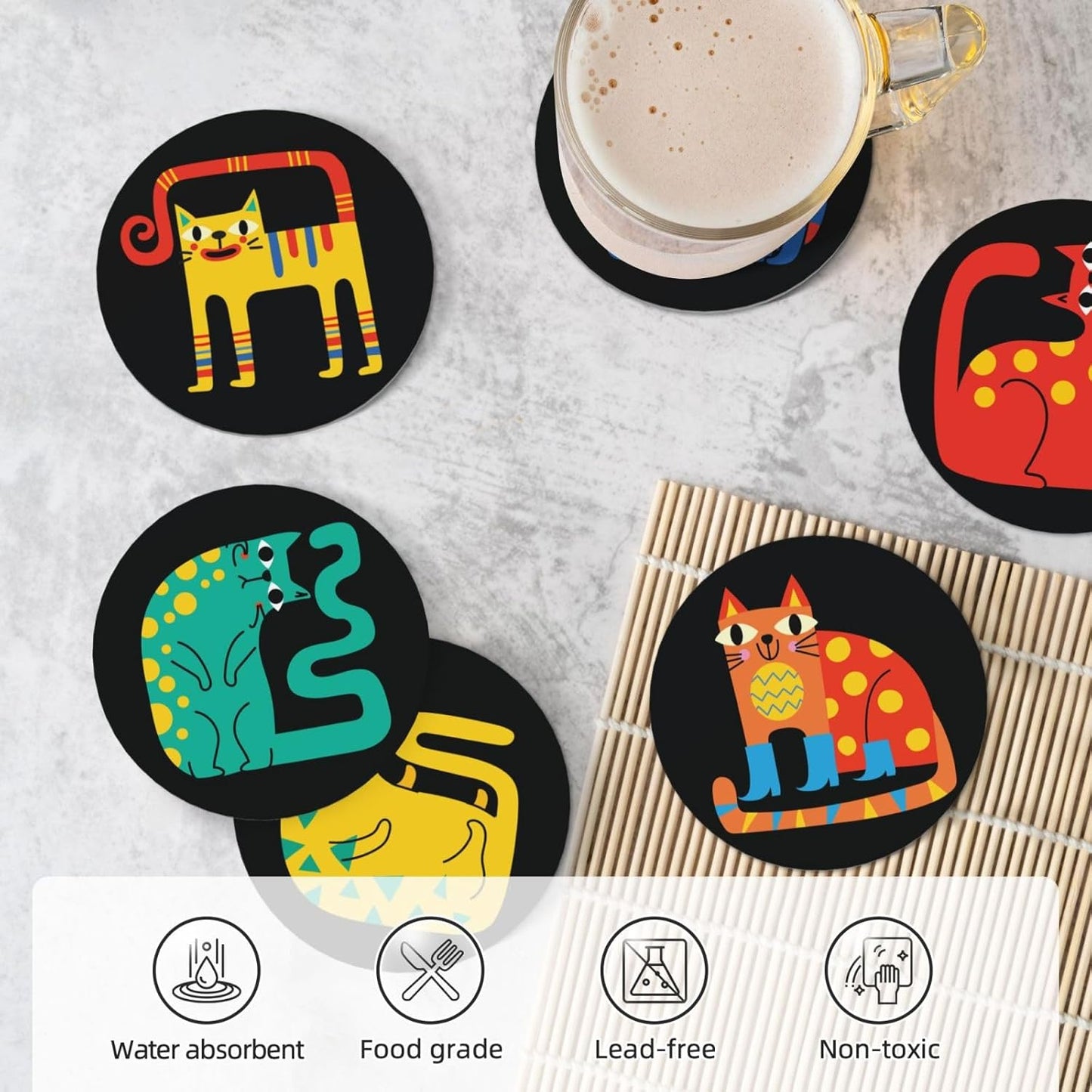 Cute Colorful Cat Absorbent Drink Coasters with Holder, Set of 6 Ceramic Coasters with Cork Base for Table Decor