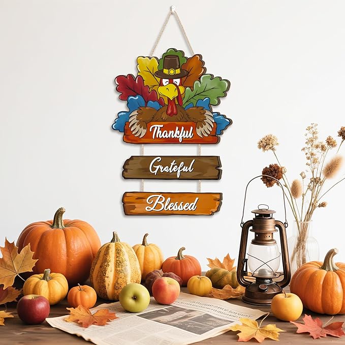 Thanksgiving Day Wood Door Hanger,Turcky Wall Sign,Fall Thankful Sign,Autumn Wooden Sign,Grateful for Harvest Wall Plaque,Thanksgiving Turkey Door Decorations for Home Porch Indoor Outdoor Party