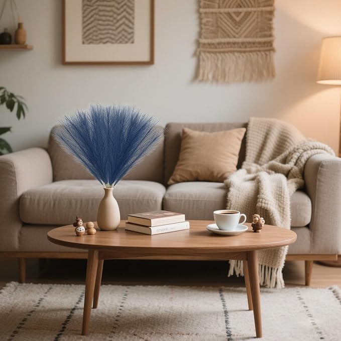 30 Pcs Royal Blue Faux Pampas Grass, 17 Inches Artificial Pampas Grass Bulk, Short Fluffy Faux Pompas for Vase Filler, Home Boho, Wedding Anniversaries, Baby Shower Decoration