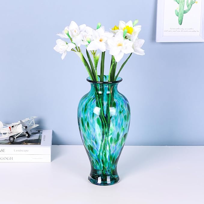 11.8" Tall Blown Teal Glass Vase, Green Opaque Glass Vase, Unique Design Turquoise Wide Mouth Art Decoration for Home, Living Room, Dining Table, Pampas Grass Decor (Greener)