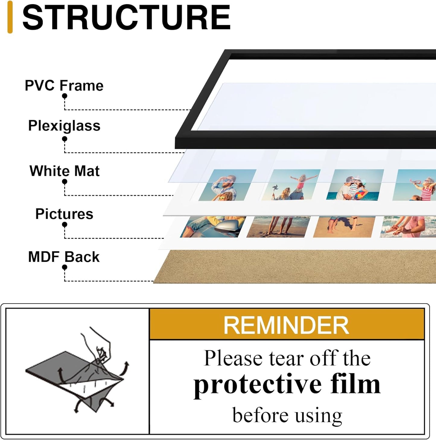 decorUhome 8x20 Picture Frames Collage Wall Decor, Display 4Pcs 4x6 Photos with Mat or 1Pcs 8x20 Unmatted, 4 4x6 Collage Picture Frames for Wall Mounting, Black