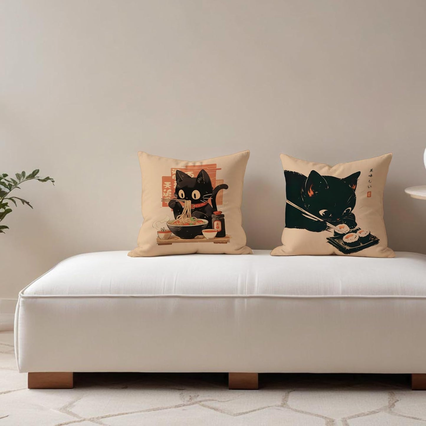 Funny Vintage Black Cat Japanese Sushi Ramen Noodles Pillow Covers 18x18 Set of 2, Aesthetic Black Cat Art Painting Decor Pillow Covers for Room Bedroom